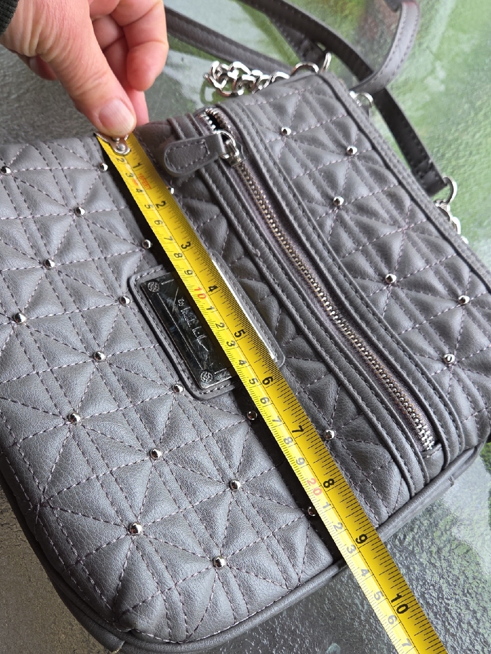 Nicole Miller Quilted Gray Crossbody Bag with Stud Detail ☆ Silver Metal Accents - Picture 13 of 16
